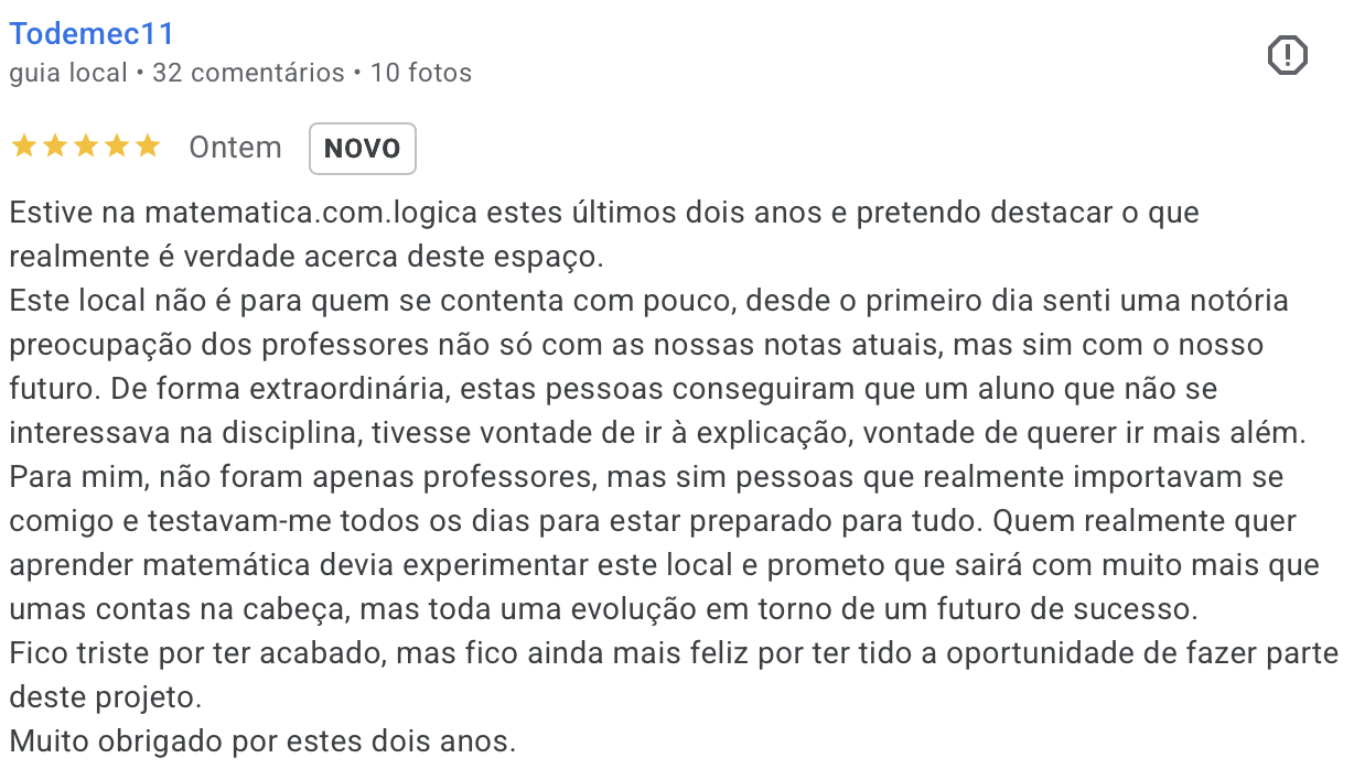 Avaliacao Google 5 estrelas: dois anos na matematica.com.logica com professores dedicados ao futuro dos alunos.